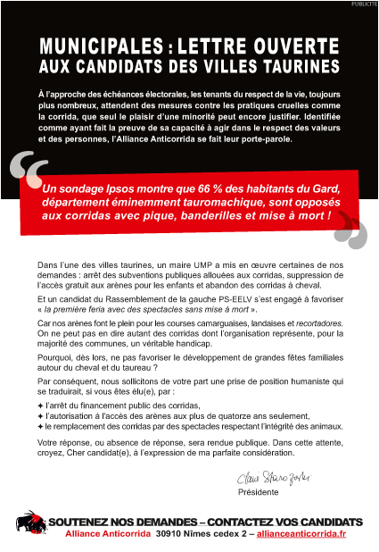La lettre des anti-corridas aux candidats aux municipales.