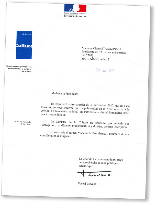 Lettre du ministère de la Culture